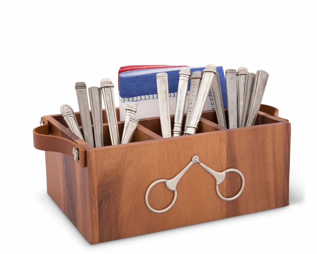 Discount 🔥 Arthur Court Flatware Caddy - Horse Bits Leather Handles Equestrian Decor 🧨 3 Arthur Court Flatware Caddy - Horse Bits Leather Handles Equestrian Decor